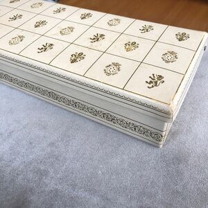 Vintage mid century gold & cream Aron lined glove box 10.75” x 4.5” x 2.25”